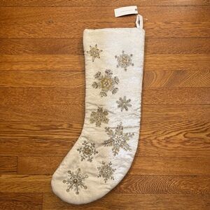 Anthropologie White Velveteen Stocking with Beaded Snowflakes NWT